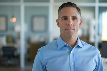 Obraz premium a clean shaven IT project manager wearing a blue dress shirt on office background. generative AI