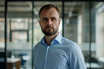 Obraz premium a clean shaven IT project manager wearing a blue dress shirt on office background. generative AI