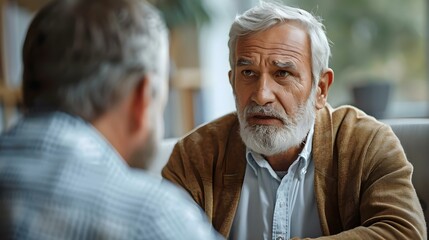 Seeking Comfort: Elderly Man in Therapy Session. Concept Elderly Care, Mental Health Support, Rehabilitation Therapy, Emotional Wellbeing, Senior Counseling