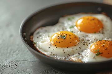 Perfectly fried eggs in the frying pan. Preparing breakfast