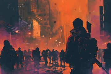 A crowd of people in apocalyptic city. Young man with gun looking at crowd of people in apocalyptic city, digital art style, illustration painting .