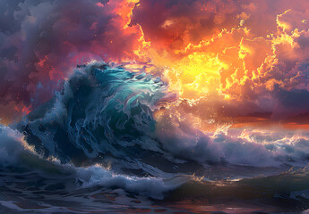 Huge blue ocean waves crashing at sunset during large swell in heavy storm wallpaper background, Seascape and disaster of nature concept