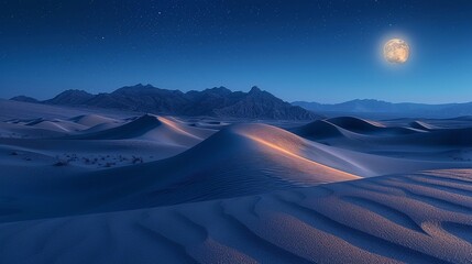 Echoing dunes at night, soft moonlight, wide angle, serene silence,  - obrazy, fototapety, plakaty