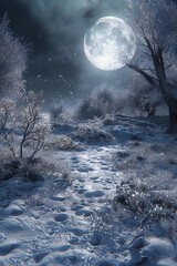 Obraz na płótnie Canvas Frostveil thicket under a full moon, silver light, wide shot, enchanted frost, 