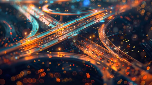 Softly blurred landscape of interconnected roads and highways representing a seamless flow of transportation and promoting connectivity between different regions. .