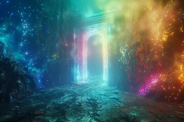 Mystic realm portal opening, vibrant lights, wide angle, otherworldly entrance, clean sharp focus,