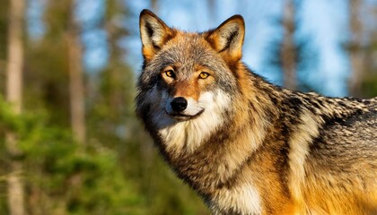 red wolf - Canis rufus - a canine native to the southeastern United States. Its size is intermediate between the coyote C. latrans and gray wolf - C. lupus - head and face view with tree and forest