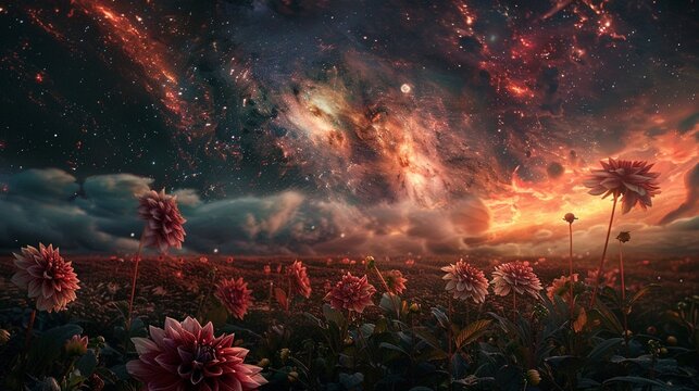 Outlander dahlia meadow under a cosmic sky, twilight, panoramic, surreal colors, 