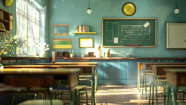 Classroom with chalkboard, desks, and chairs, suitable for educational presentations, schoolrelated designs, or backtoschool themes in various projects.