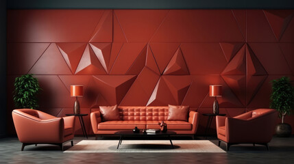 Terra cotta leather sofa and dark red armchairs near 3d panel wall. Interior design of modern living room. Generative AI