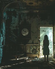 A shadowy figure with a clock face, in a dilapidated mansion - Timeless Horror, , professional color grading,soft shadowns, no contrast, clean sharp,clean sharp focus, digital photography , - obrazy, fototapety, plakaty