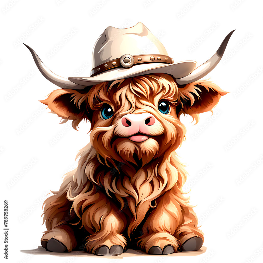 Wall mural Cowboy Baby highland cow with hat png isolated , cute animal overlay for baby shower, party invitation