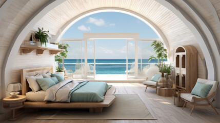 Coastal interior design of modern bedroom with arched ceiling. Generative AI