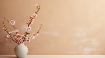 Obraz na płótnie Canvas Blossom branch in clay vase near beige stucco wall background. Interior design of modern living room with space for text. Generative AI