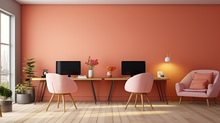 Orange chairs at the wooden table, against window. Interior design of modern living room with pink walls. technology. Generative AI