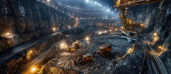 Gold Reserve Workers and Mining Machinery Fueling Global Demand in Illuminated Underground Tunnel