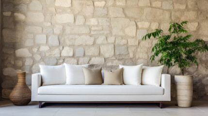 White sofa with pillows on tiled floor near stucco wall with stone wall decor paneling. Rustic home interior design of modern living room. Generative AI