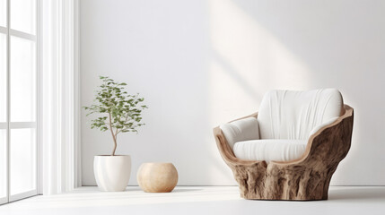 Unique white armchair made from wood tree stump against window near white wall. Rustic minimalist home interior design of modern living room. Generative AI