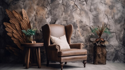 Wing chair against window near stucco and decorative stone paneling wall. Rustic home interior design of modern living room. Generative AI