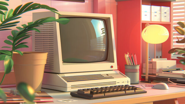 An animated 3D scene of a 1980s office, with a personal computer, floppy disks, and a dot matrix printer
