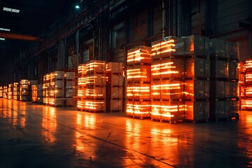 : A monotonous stack of identical boxes in a warehouse, lit by artificial, flickering light.