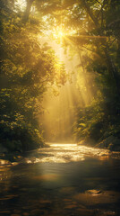 Fototapeta na wymiar Golden Sunlight Bathing an Expansive Forest with a Tranquil River Flowing Through