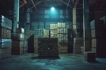 : A monotonous stack of identical boxes in a warehouse, lit by artificial, flickering light. - obrazy, fototapety, plakaty