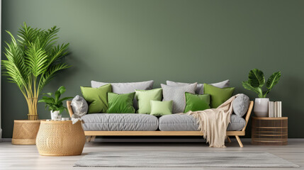Grey sofa with colorful cushions against green wall with rattan vases, scandinavian home interior design of modern living room Generative AI