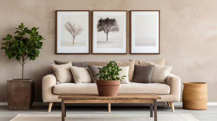 Rustic aged sofa, weathered old coffee table and houseplant in clay pots against wall with poster frame. Scandinavian home interior design of modern living room Generative AI