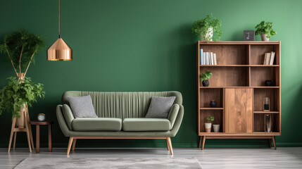 Rustic cozy sofa, wooden cabinet against window near green wall with book shelves. Scandinavian home interior design of modern living room Generative AI