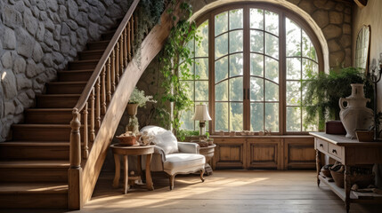 Fototapeta premium Staircase and arched window in farmhouse hallway. Rustic style interior design of entrance hall in country house. Generative AI