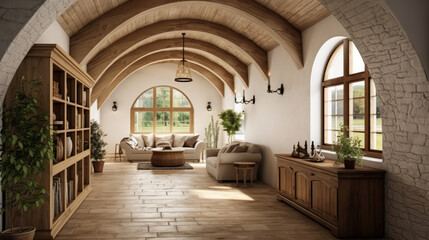 Arched ceiling and timber beams in farmhouse hallway. Rustic style interior design of entrance hall in country house. Generative AI