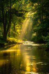 Fototapeta na wymiar Golden Sunlight Bathing an Expansive Forest with a Tranquil River Flowing Through