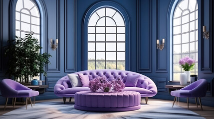 Blue tufted curved sofa, pouf and lounge chair against violet paneling wall and arched window. Art deco style home interior design of modern living room. Generative AI