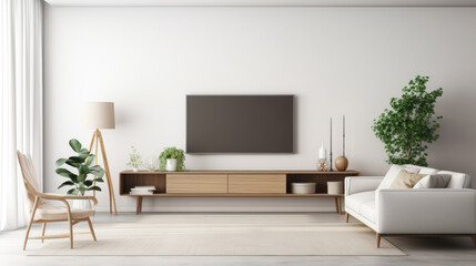Wooden coffee table between sofa and tv. Scandinavian minimalist home interior design of modern living room. Generative AI