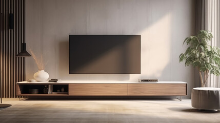 Wooden tv unit against beige sofa. Cozy home interior design of modern living room. Generative AI