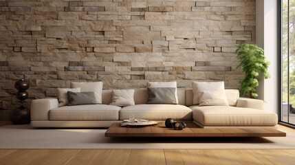 Beige sofa on hardwood floor near stone cladding wall. Minimalist style home interior design of modern living room. Generative AI