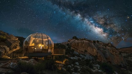 A secluded retreat nestled in a pristine natural landscape where guests can snuggle up in a transparent capsule and watch the constellations dance across the sky. 2d flat cartoon.