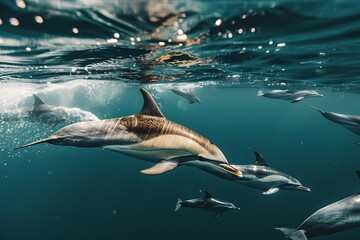 A pod of long-beaked common dolphins swim through.
