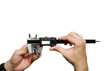 production quality control,Engineer's hand measuring metal parts with digital vernier caliper on...