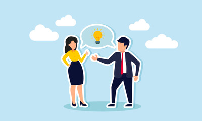 Engaging in business discussion, effective communication fosters brainstorming for solutions or results, concept of Businessman and coworker converse with a speech bubble illuminating a bright idea