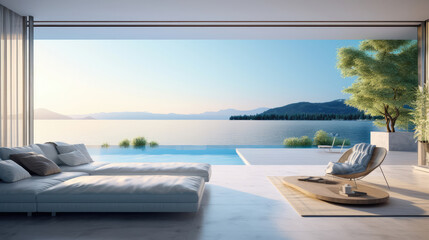 Fototapeta premium Luxury terrace with breath-taking view of the sea lagoon with crag. Minimalist elegant living room with big floor to ceiling window. Generative AI