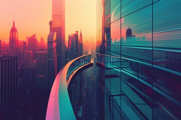 : A surreal and abstract cityscape, with a twisted perspective, set against a calming gradient color palette - obrazy, fototapety, plakaty