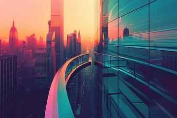 Foto op Canvas : A surreal and abstract cityscape, with a twisted perspective, set against a calming gradient color palette © crescent