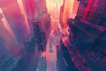 : A surreal and abstract cityscape, with a twisted perspective, set against a calming gradient color palette