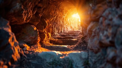 Resurrection: Light Shines from Jesus' Tomb as the Stone is Rolled Away