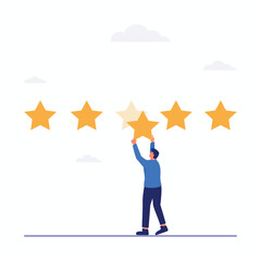 Clients leave five star rating and positive feedback flat illustration isolated on white background