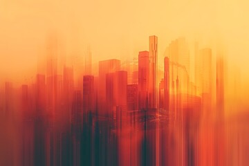 : A surreal and abstract composition of a cityscape, with a blurred horizon and distorted shapes, set against a warm, gradient color palette - obrazy, fototapety, plakaty