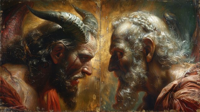 The dimension of spiritual struggle: battle between God and the devil, heaven and hell, Jesus Christ and Lucifer, dialectic of good and evil, light and darkness, inner struggle of the human spirit.