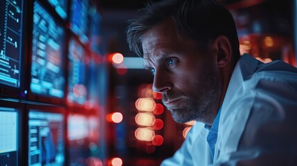 Male Project Manager Working with Computer in Technology Research Center: Modern Scientific Technologies and New Developments